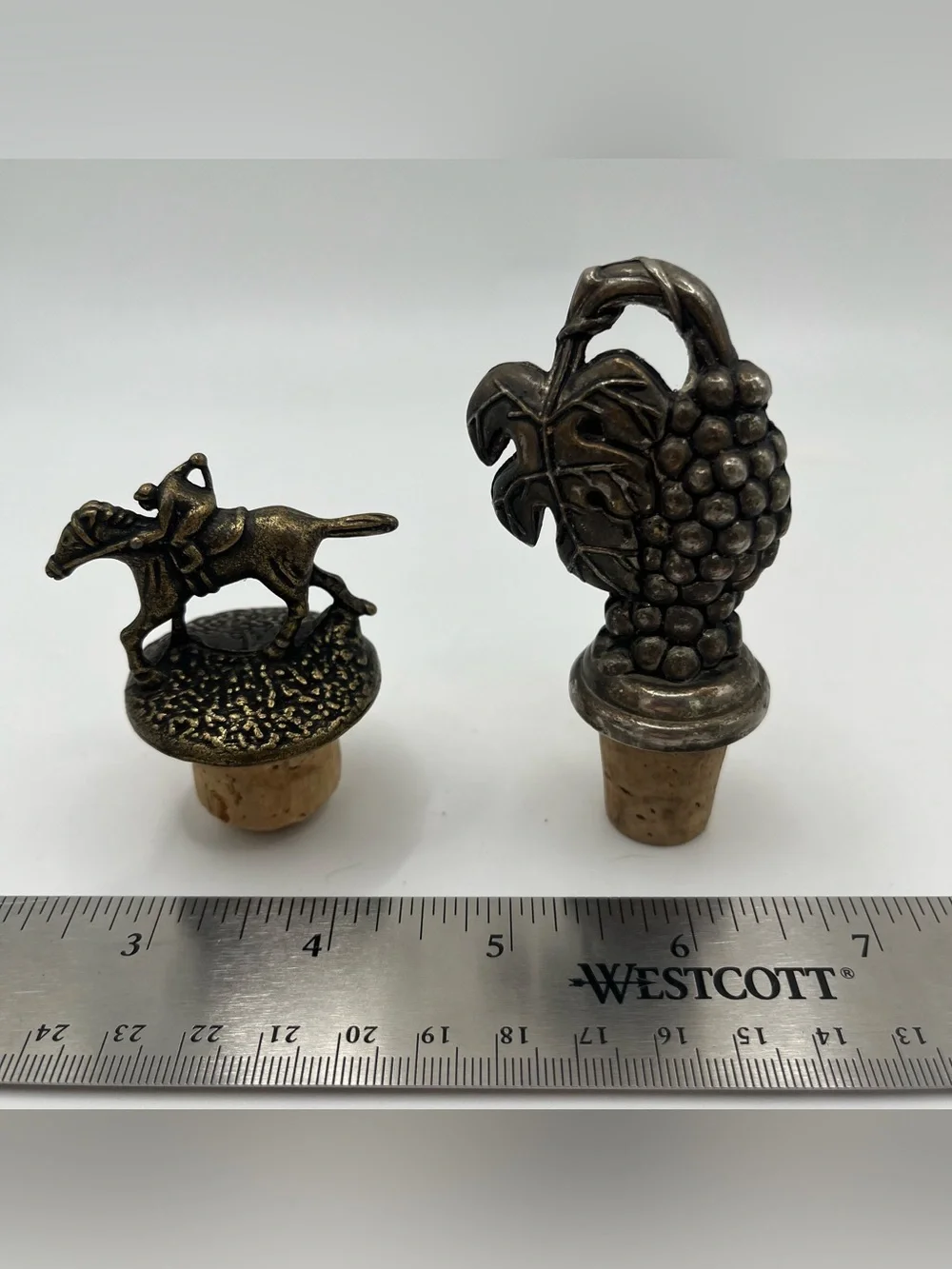 Vintage Silver Tone & Brass Toned Metal Bottle Stoppers - Set of 2, Jockey Grape